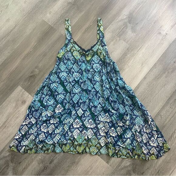 Free People Mini Dress Oversized Trapeze Triangle Print Blue Green - Picture 3 of 12